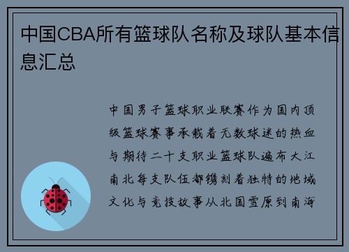 中国CBA所有篮球队名称及球队基本信息汇总